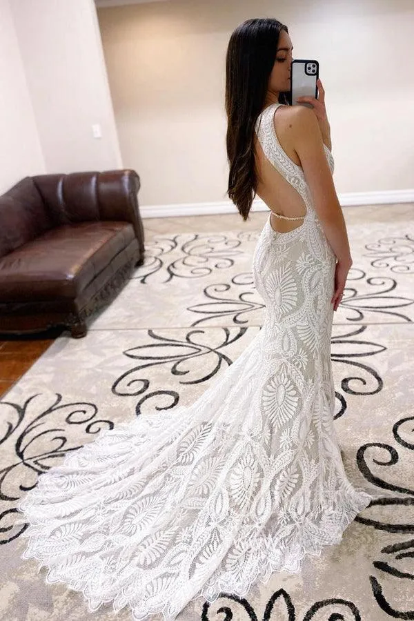 Sheath Lace Wedding Dress open Back Bridal Dress With Court Train TN298