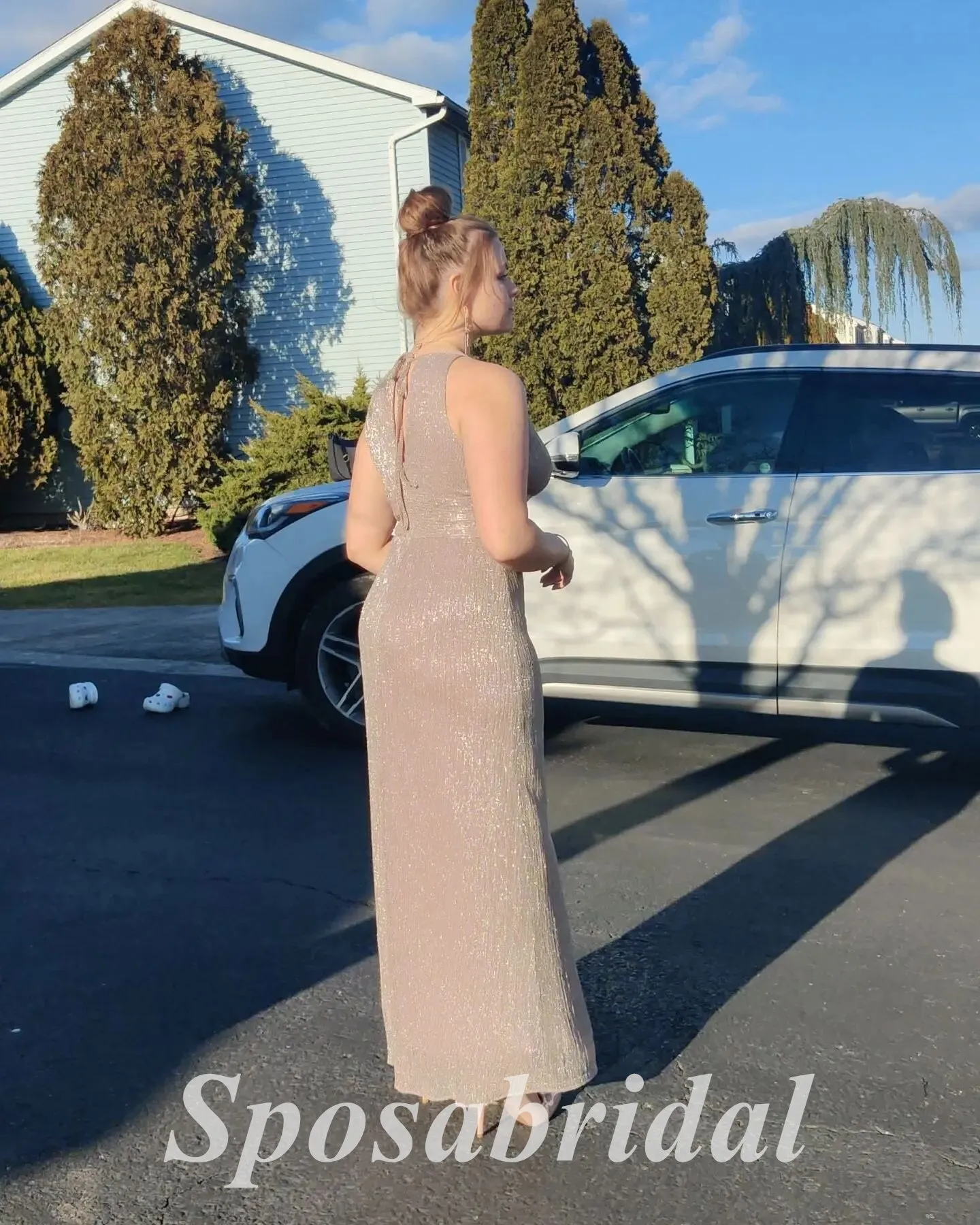 Shiny Special Fabric Halter sleeveless Side Slit Sheath Long Prom Dresses,PD3650