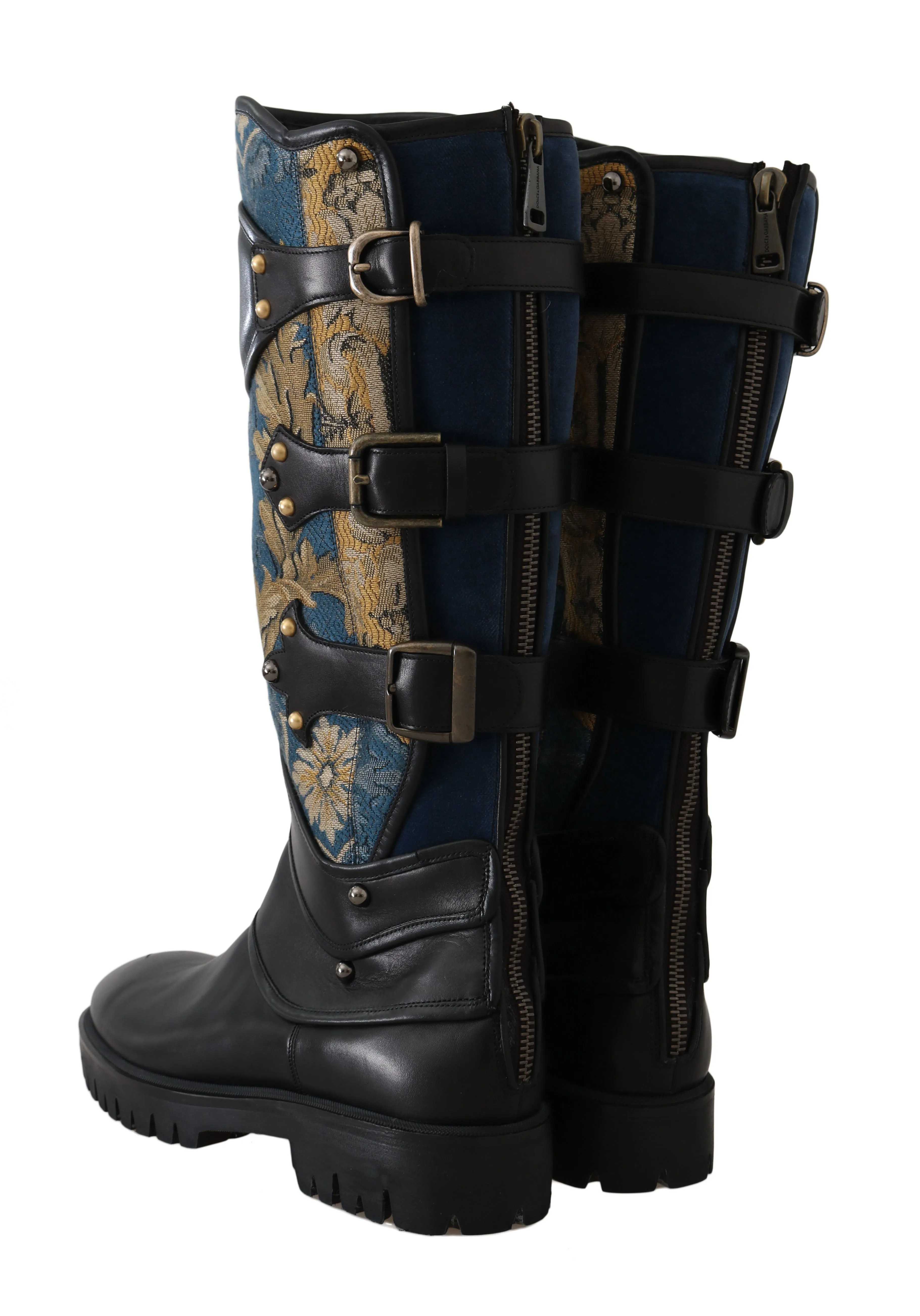 Shoes Black Blue Leather Brocade Stud Boots