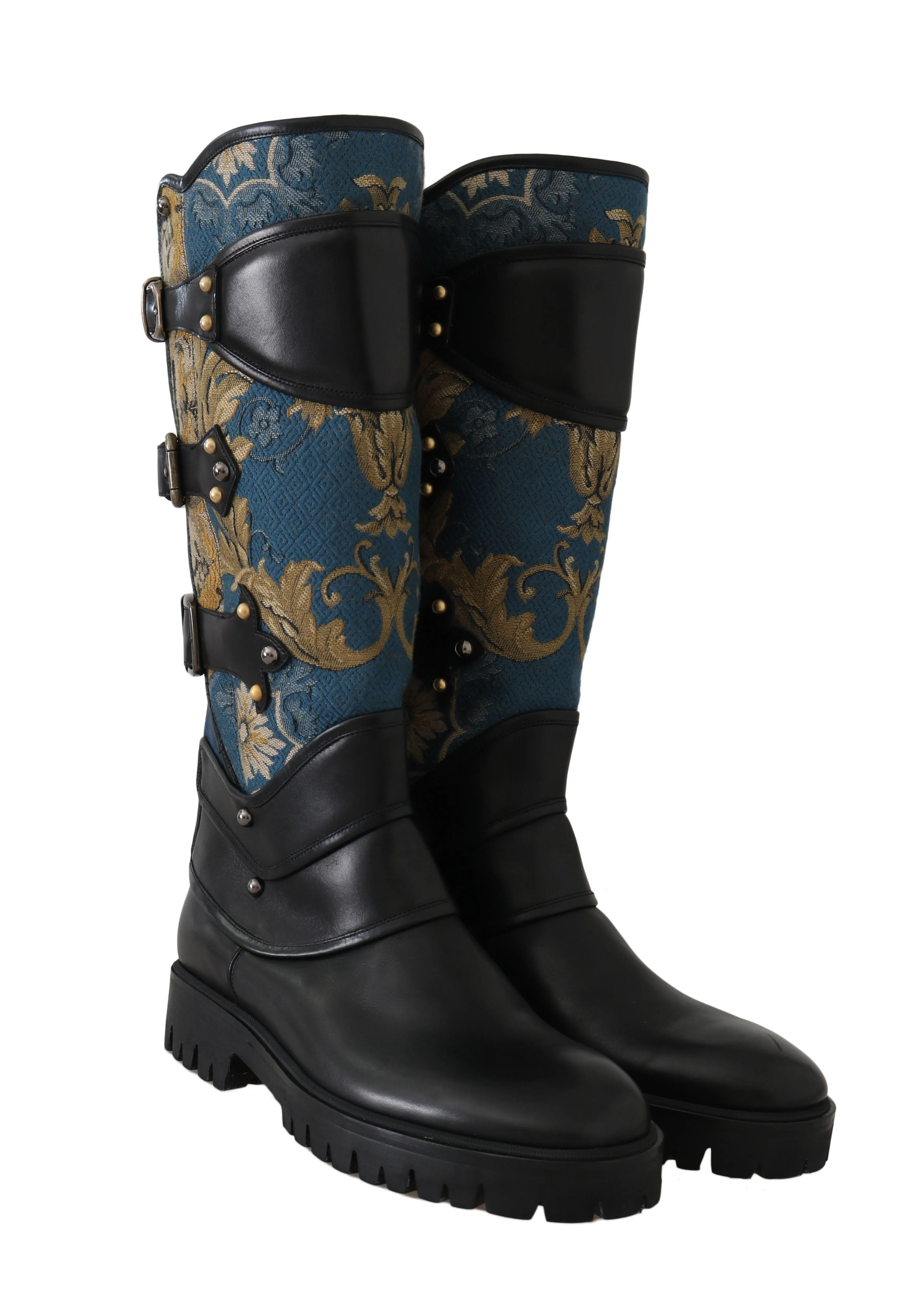 Shoes Black Blue Leather Brocade Stud Boots