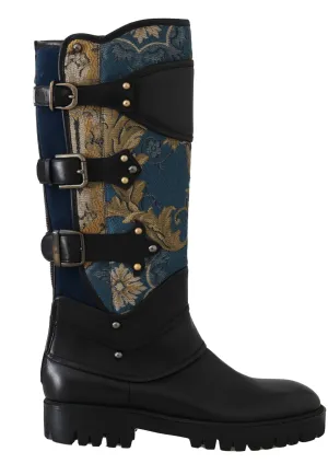 Shoes Black Blue Leather Brocade Stud Boots