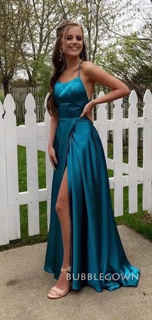 Simple A-line Satin Backless Long Evening Prom Dresses, High Slit Prom Dress, BGS0363