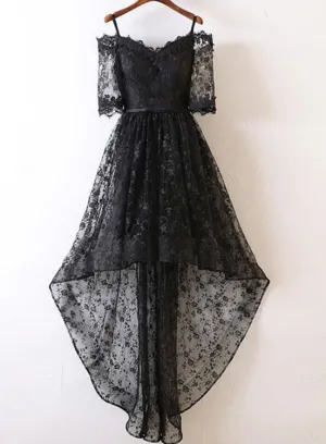 Stylish Off-Shoulder Black Lace High Low Prom Dress , Black Evening Party Dress