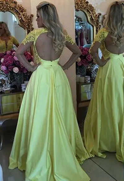 Tulle Silk-like Satin A-line Scoop Appliques Lace Long Sleeve Prom Dresses, M318