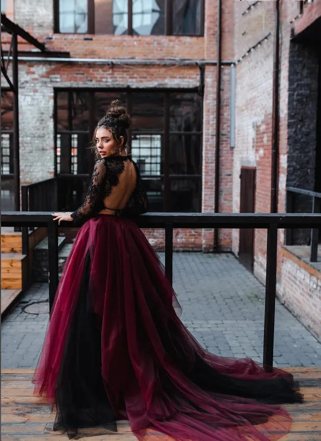 Two Pieces Black Lace Top And Tulle Burgundy Bottom Long Sleeves Open Back Wedding Dresses,SFWD0057