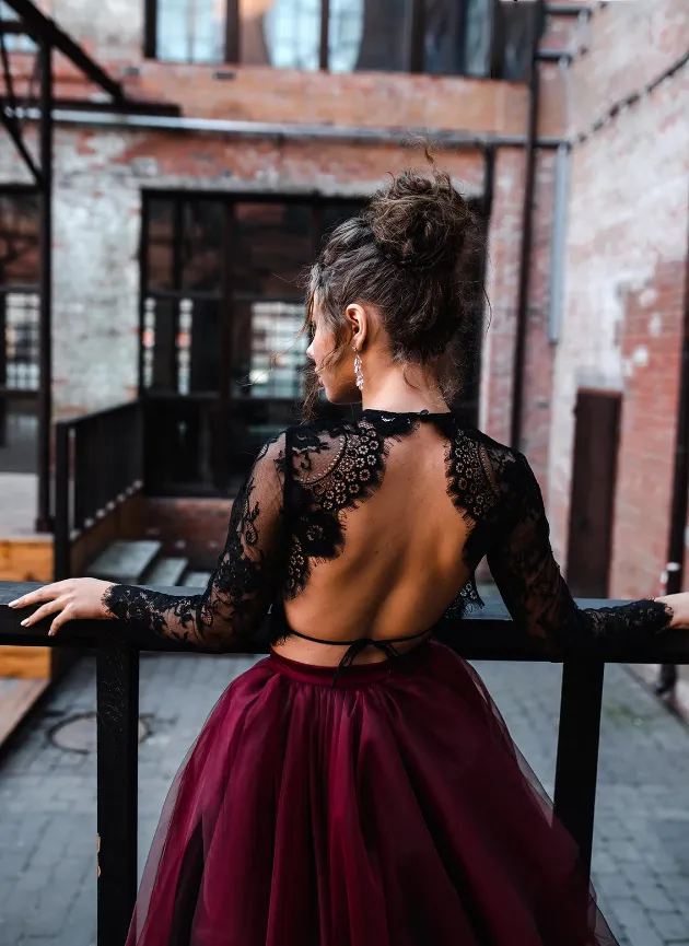 Two Pieces Black Lace Top And Tulle Burgundy Bottom Long Sleeves Open Back Wedding Dresses,SFWD0057