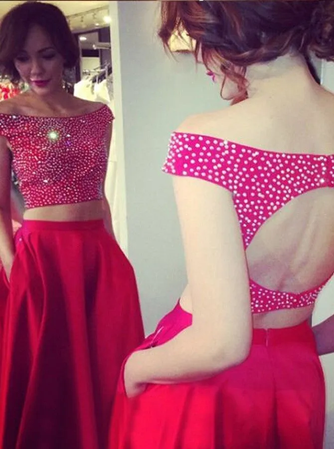 Two Pieces Red Backless Prom Dress Long Satin Evening Dress Off Shoulder Formal Party Dress with Pocket