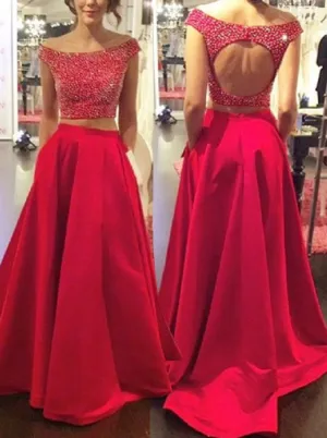 Two Pieces Red Backless Prom Dress Long Satin Evening Dress Off Shoulder Formal Party Dress with Pocket
