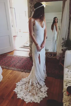 V-neck Spaghetti Straps Beach Wedding Dress,Side Slit Lace Bridal Dress,Prom Dress, SW26