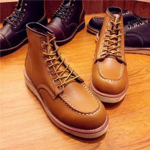 Vintage Men Boots Lace-Up Genuine Leather Boots Wing Men Handmade Work Travel Wedding Ankle Boots Casual Fashion Red Boots