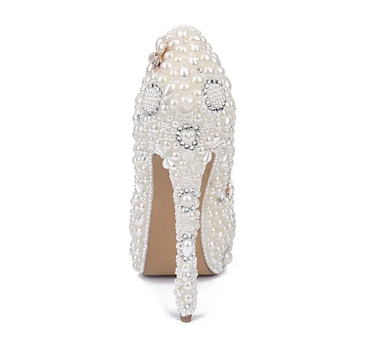 White Pearl Wedding Shoes Wholesales New Beautiful Flower Rhinestone Bridal Shoes Platform High Heels Big Size Women Pumps