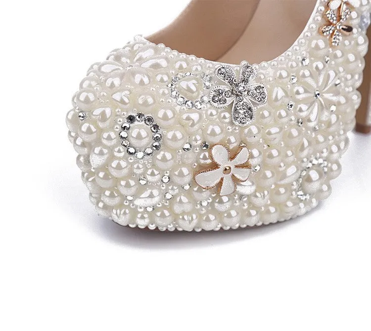 White Pearl Wedding Shoes Wholesales New Beautiful Flower Rhinestone Bridal Shoes Platform High Heels Big Size Women Pumps