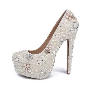 White Pearl Wedding Shoes Wholesales New Beautiful Flower Rhinestone Bridal Shoes Platform High Heels Big Size Women Pumps