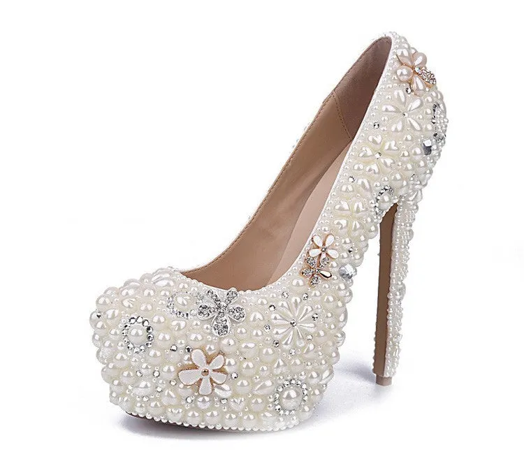 White Pearl Wedding Shoes Wholesales New Beautiful Flower Rhinestone Bridal Shoes Platform High Heels Big Size Women Pumps