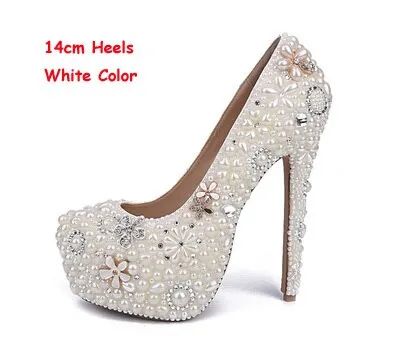 White Pearl Wedding Shoes Wholesales New Beautiful Flower Rhinestone Bridal Shoes Platform High Heels Big Size Women Pumps