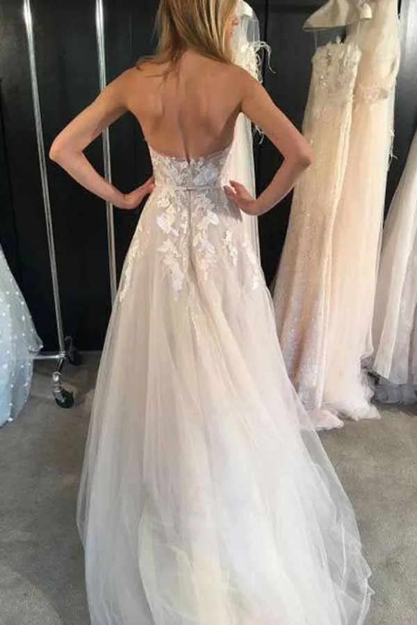 White Tulle Sweetheart A-line See Through Long Wedding Dresses, SW204