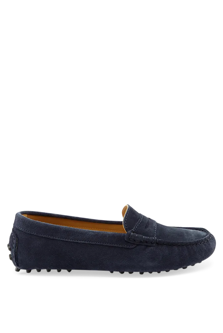 Women's Navy Suede Penny Driving Loafers