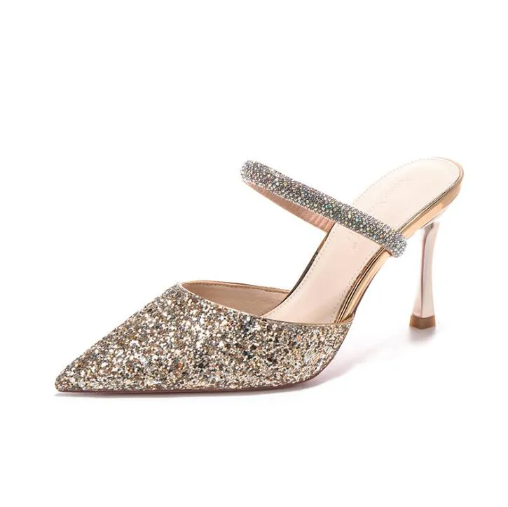 Women's Petite Slip On Glitter Upper Heeled Shoes MS567